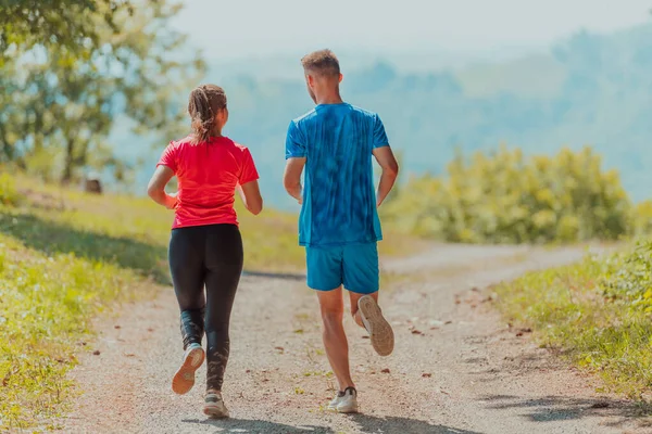 Couple Enjoying Healthy Lifestyle While Jogging Country Road Beautiful Sunny — Stockfoto