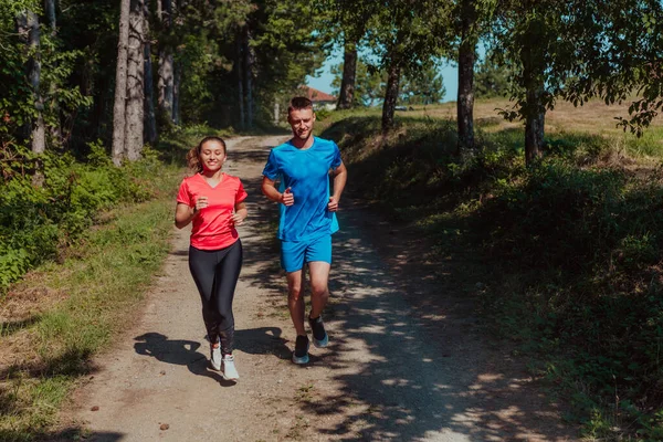 Couple Enjoying Healthy Lifestyle While Jogging Country Road Beautiful Sunny — Stock Fotó