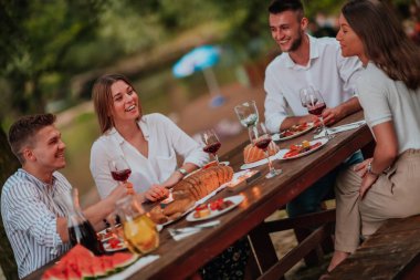 Bir grup mutlu arkadaş yaz tatili boyunca dışarıda piknik yapıyorlar. Nehir kenarında güzel bir doğada.. 