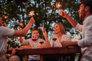 Bir grup mutlu arkadaş tatil tatillerini fıskiyelerle kutlarken ve kırmızı şarap içerken aynı zamanda güzel bir yaz akşamı nehir kenarında piknik yapıyorlar.. 