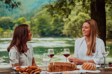 Two young happy girlfriends toasting red wine glass while having picnic french dinner party outdoor during summer holiday vacation near the river at beautiful nature. 