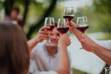 Bir grup mutlu arkadaş kırmızı şarap kadehi içerken dışarıda piknik yapıyorlar yaz tatili boyunca nehir kenarında güzel doğada..