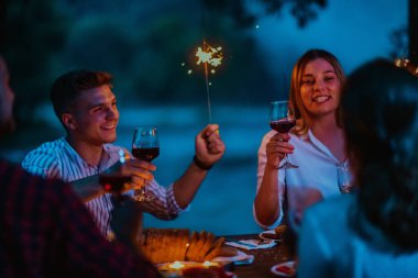 Bir grup mutlu arkadaş tatil tatillerini fıskiyelerle kutlarken ve kırmızı şarap içerken aynı zamanda güzel bir yaz akşamı nehir kenarında piknik yapıyorlar.. 