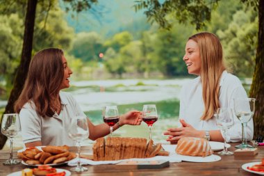 Two young happy girlfriends toasting red wine glass while having picnic french dinner party outdoor during summer holiday vacation near the river at beautiful nature. 