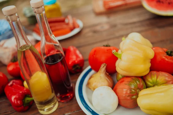 Bio Healthy Organic Food Set Bottles Oil Vinegar Fresh Vegetables — Stockfoto