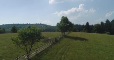 Aerial Cinematic clip: Drone flying over a beautiful summer landscape of endless meadows and hills. Top view to the farm wheatfield. High quality 4k footage