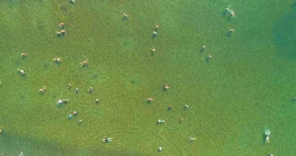 在旅游旺季 空中无人飞机俯瞰拥挤的城市湖泊 成群的人在海里游泳 度假时穿着泳衣在海里洗澡的人很多 — 图库视频影像