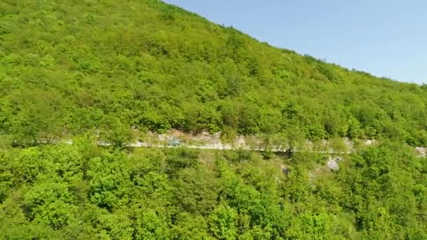 Aerial Drone Overhead Single Car Driving Curvy Mountain Road Green — Vídeo de stock