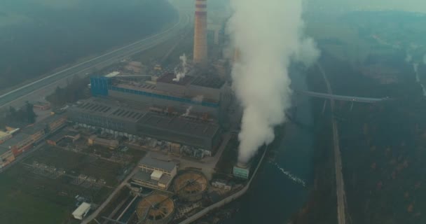 Abstract Aerial View Coal Power Plant High Pipes Black Smoke — Stock video