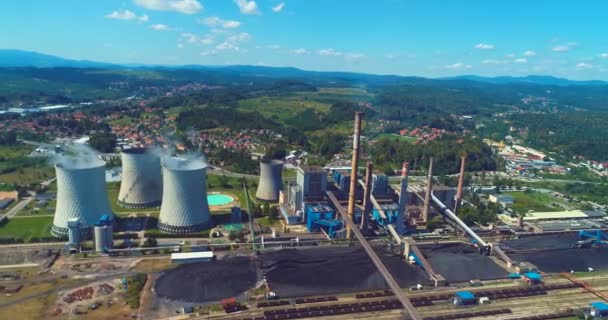 Aerial View Coal Power Plant High Pipes Black Smoke Moving — Αρχείο Βίντεο