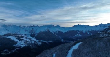 Alps Cold Mountain Snow Tourism Sport Eco Travel Mountains Landscape Drone Aerial Flight Over French Alps Mountain Range Early Morning Inspiring Nature 4k hyper lapse. Hi quality 4K footage. 