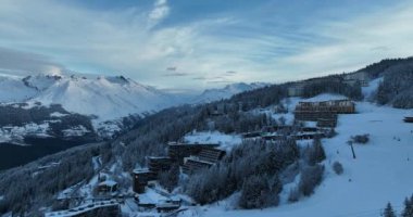 Alps Cold Mountain Snow Tourism Sport Eco Travel Mountains Landscape Drone Aerial Flight Over French Alps Mountain Range Early Morning Inspiring Nature 4k hyper lapse. Hi quality 4K footage. 