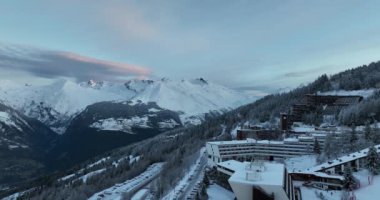 Alps Cold Mountain Snow Tourism Sport Eco Travel Mountains Landscape Drone Aerial Flight Over French Alps Mountain Range Early Morning Inspiring Nature 4k hyper lapse. Hi quality 4K footage. 