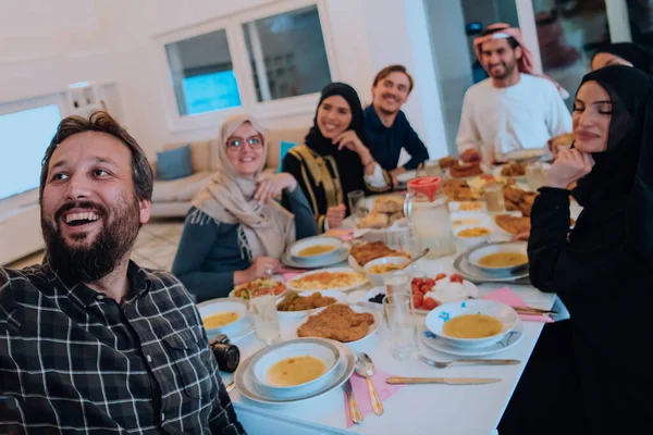 Eid Mubarak Muslim Family Having Iftar Dinner Taking Pictures Smartphone — Foto de Stock