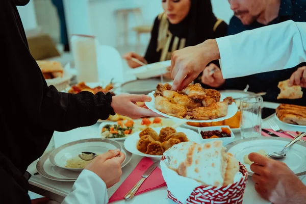 Muslim Family Having Iftar Dinner Drinking Water Break Feast Eating — 스톡 사진