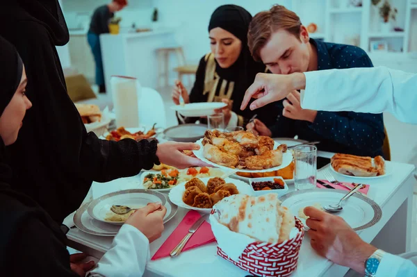 Muslim Family Having Iftar Dinner Drinking Water Break Feast Eating — 图库照片