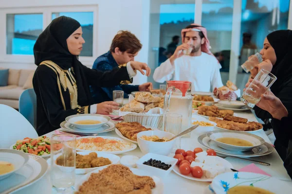 Muslim Family Having Iftar Dinner Drinking Water Break Feast Eating —  Fotos de Stock