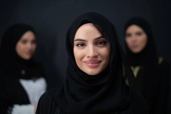 Group Portrait Beautiful Muslim Women Fashionable Dress Hijab Isolated Black — Stok fotoğraf