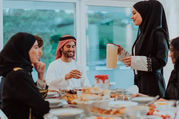 Muslim Family Having Iftar Dinner Drinking Water Break Feast Eating — Foto Stock