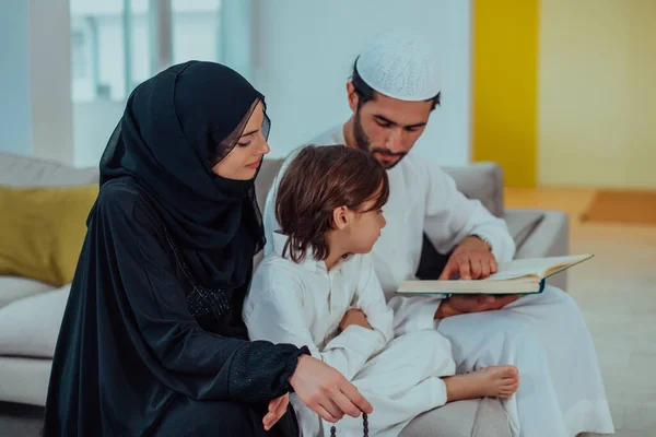 Happy Muslim Family Enjoying Holy Month Ramadan While Praying Reading —  Fotos de Stock