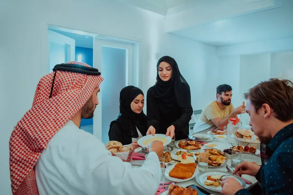 Muslim Family Having Iftar Dinner Drinking Water Break Feast Eating — 图库照片