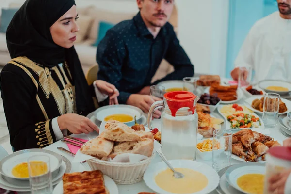 Muslim Family Having Iftar Dinner Drinking Water Break Feast Eating — Stock Fotó
