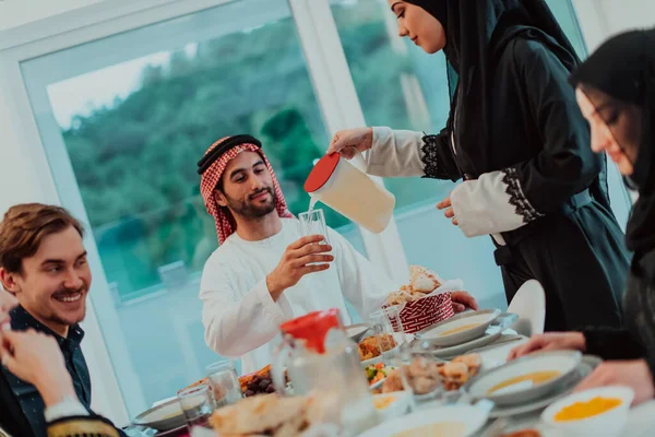 Muslim Family Having Iftar Dinner Drinking Water Break Feast Eating — Foto de Stock