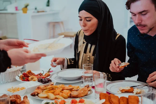 Muslim Family Having Iftar Dinner Drinking Water Break Feast Eating — Stockfoto