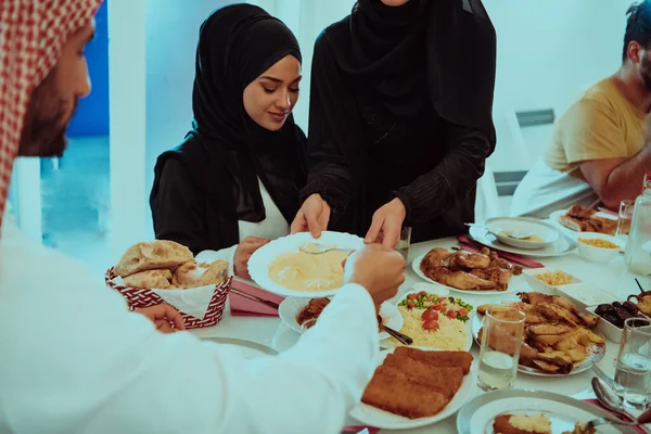 Muslim Family Having Iftar Dinner Drinking Water Break Feast Eating — Photo