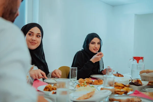 Muslim Family Having Iftar Dinner Drinking Water Break Feast Eating — Zdjęcie stockowe