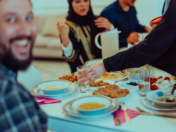Eid Mubarak Muslim Family Having Iftar Dinner Taking Pictures Smartphone —  Fotos de Stock