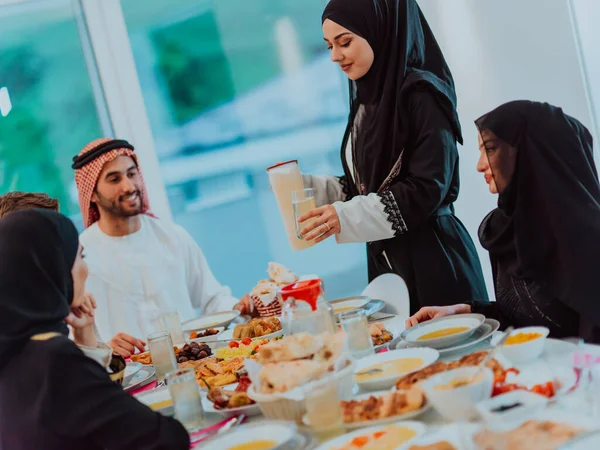Eid Mubarak Muslim Family Having Iftar Dinner Drinking Water Break — Zdjęcie stockowe