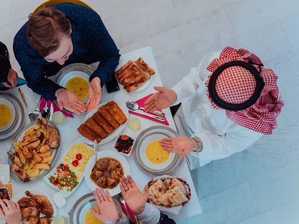 Top View Muslim Family Having Iftar Dinner Drinking Water Break —  Fotos de Stock