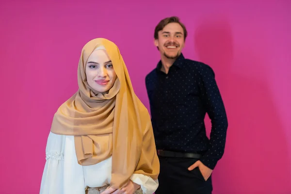 Portrait Happy Young Muslim Couple Standing Isolated Pink Background High — Photo