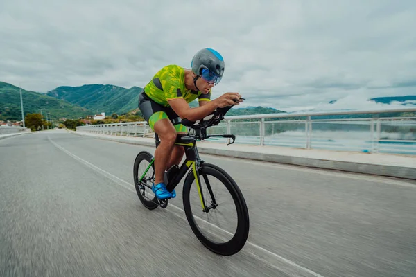 Full Length Portrait Active Triathlete Sportswear Protective Helmet Riding Bicycle — Φωτογραφία Αρχείου