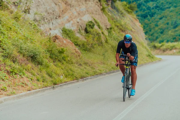 Full Length Portrait Active Triathlete Sportswear Protective Helmet Riding Bicycle — Photo