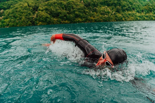 Triathlete Professional Swimming Suit Trains River While Preparing Olympic Swimming — Stok fotoğraf