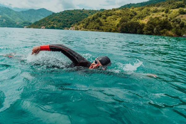 Triathlete Professional Swimming Suit Trains River While Preparing Olympic Swimming — Foto Stock