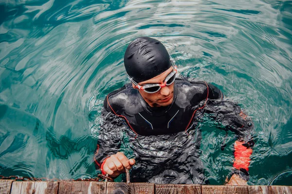 Triathlete Swimmer Portrait Wearing Wetsuit Training — Stock Photo, Image