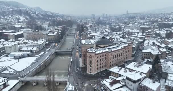 Sarajevo City Hall National Library Town Center Aerialhyper Lapse Time — Stock videók