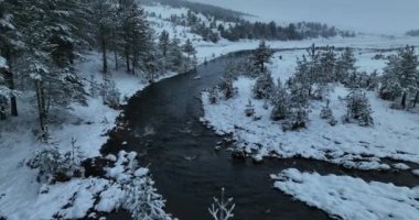 An aerial view of a frozen river flowing through snow-covered forests on a cloudy sunset sky background. Hi quality 4K footage.