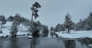 An aerial view of a frozen river flowing through snow-covered forests on a cloudy sunset sky background. Hi quality 4K footage.
