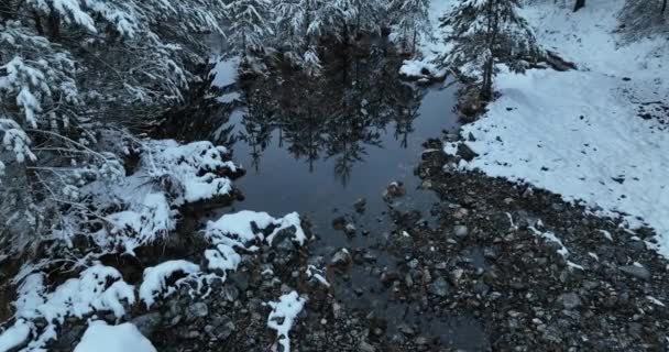 Aerial View Frozen River Flowing Snow Covered Forests Cloudy Sunset — Stockvideo