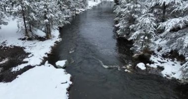 An aerial view of a frozen river flowing through snow-covered forests on a cloudy sunset sky background. Hi quality 4K footage.