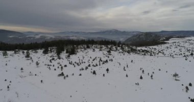 Aerial view of mountain twisted road in the winter. Epic, snowy white winter in the mountains. High rocky mountains and clean road through frozen forest. High quality 4k footage