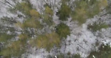 Aerial view of mountain twisted road in the winter. Epic, snowy white winter in the mountains. High rocky mountains and clean road through frozen forest. High quality 4k footage
