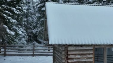 Splendid mountain winter landscape with secluded small wooden alpine cottage among the fir trees fully covered by snow during snow fall. Hi quality 4K slow motion footage. 