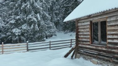 Splendid mountain winter landscape with secluded small wooden alpine cottage among the fir trees fully covered by snow during snow fall. Hi quality 4K slow motion footage. 