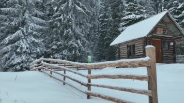 Splendid mountain winter landscape with secluded small wooden alpine cottage among the fir trees fully covered by snow during snow fall. Hi quality 4K slow motion footage. 