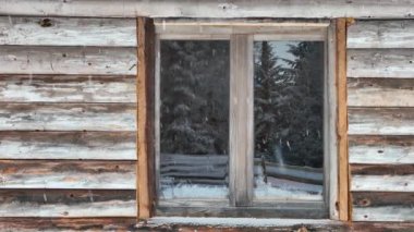 Splendid mountain winter landscape with secluded small wooden alpine cottage among the fir trees fully covered by snow during snow fall. Hi quality 4K slow motion footage. 